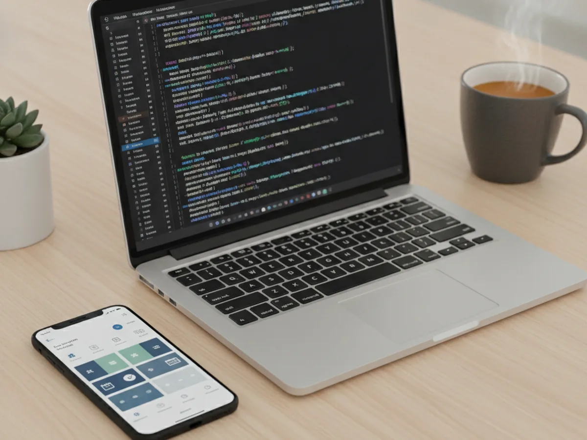 A smartphone showing a simple custom business app prototype next to a laptop with code on screen