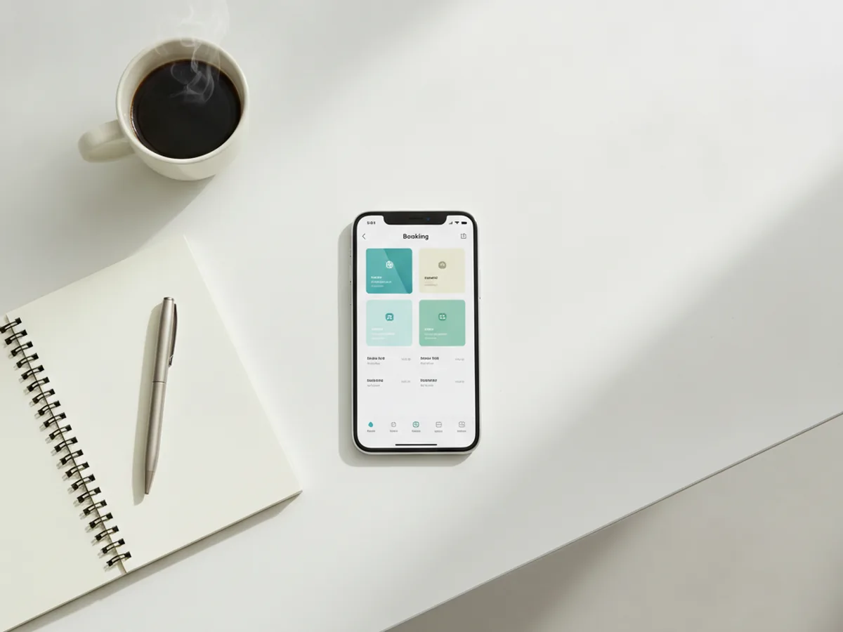 A smartphone showing a simple booking app interface next to a notebook and a cup of coffee on a desk