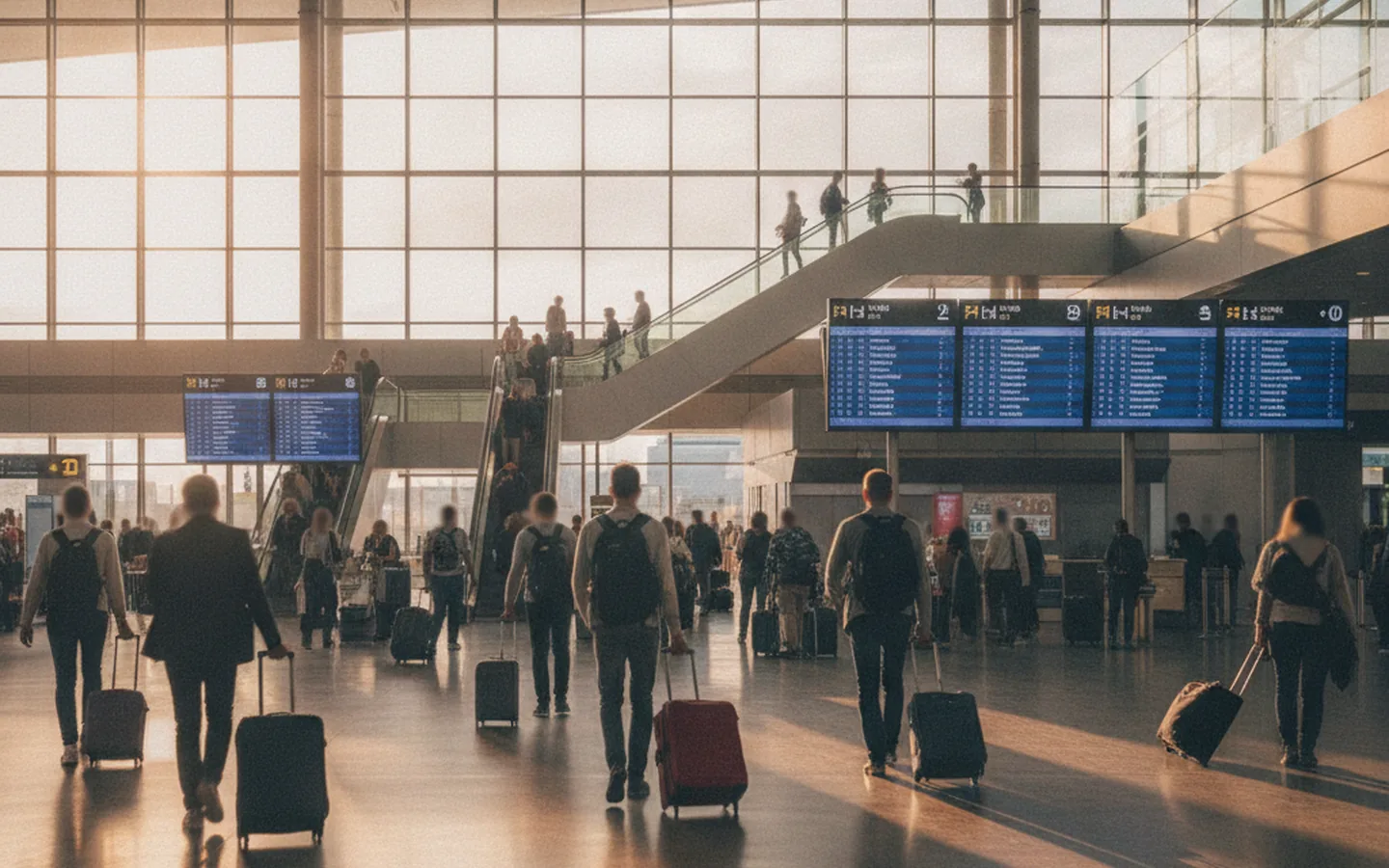 Travelers with rolling suitcases walking through a busy airport departure terminal at golden hour