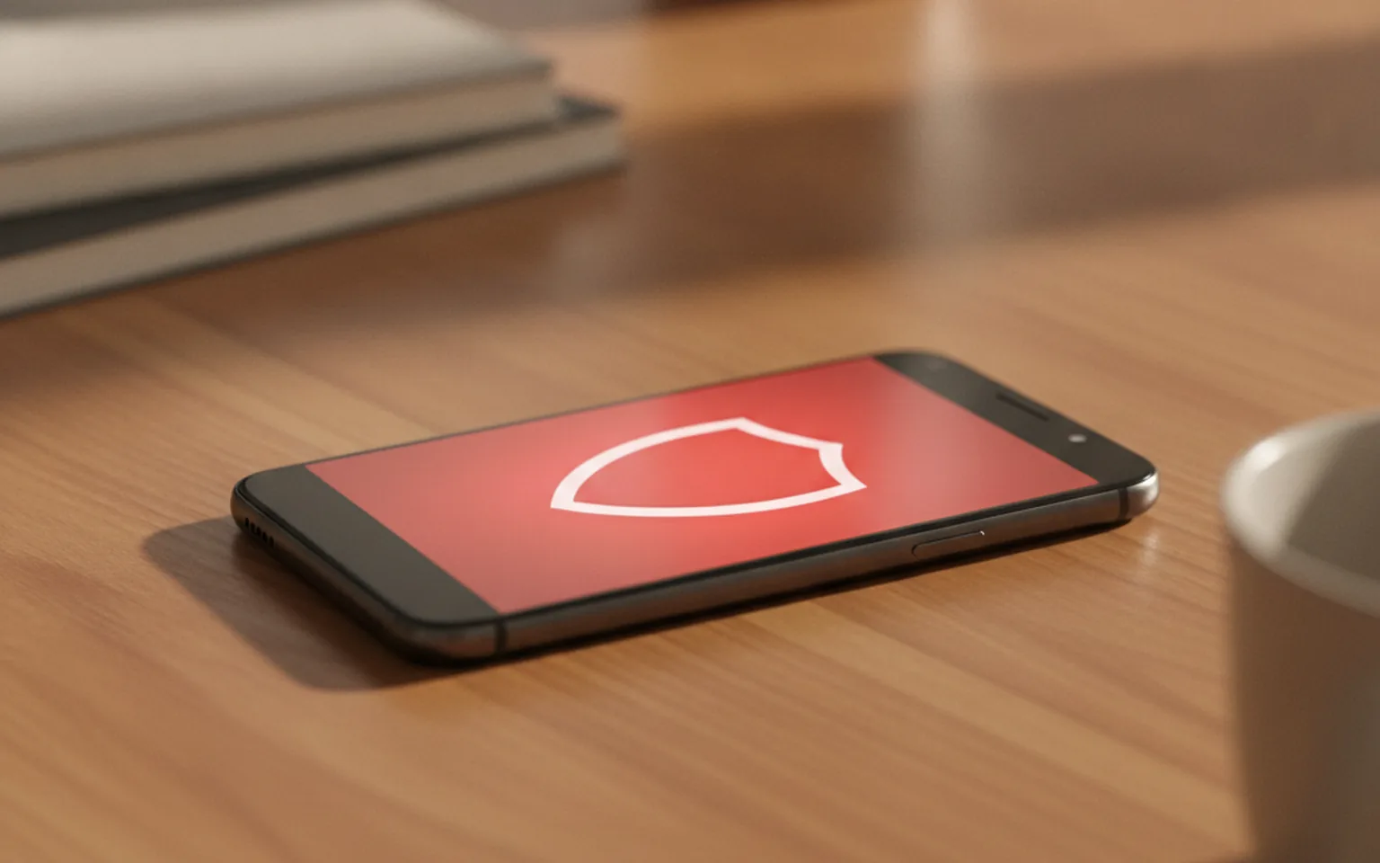 A smartphone showing an incoming call with a red warning shield icon overlaid on the screen