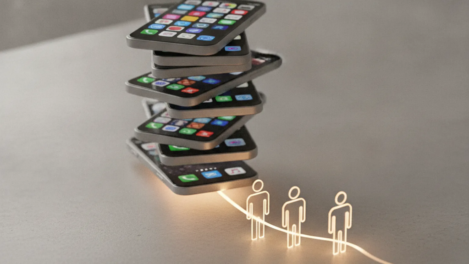 A stack of smartphones with app icons on their screens, glowing at the base of a queue of light leading toward three waiting figures