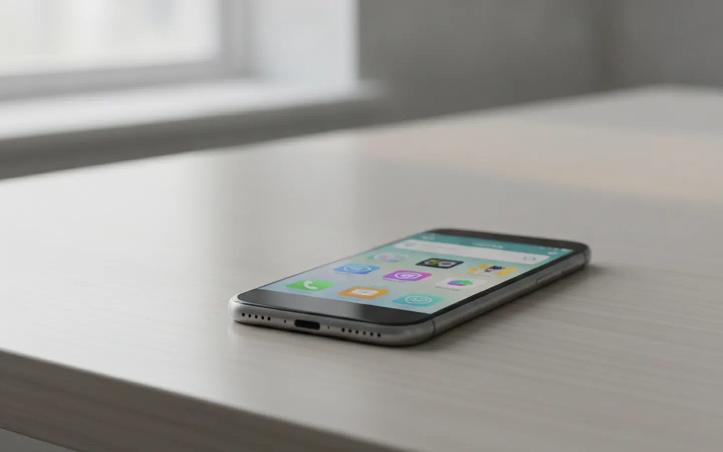 A smartphone lying on a desk displaying an app storefront screen, soft natural light