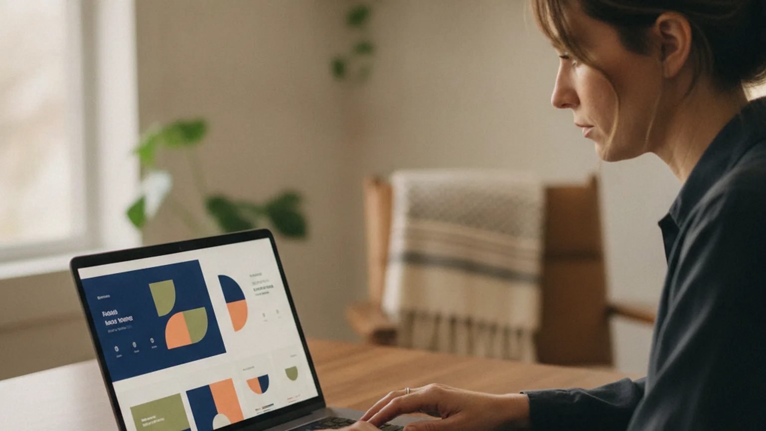 A small business owner reviewing a branded financial dashboard and marketing visuals on a laptop in a home office