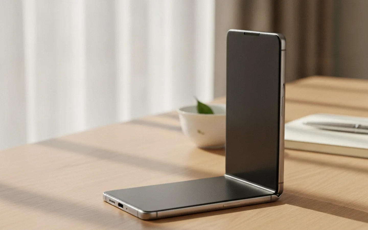A book-style foldable smartphone standing half-open on a wooden desk in soft daylight