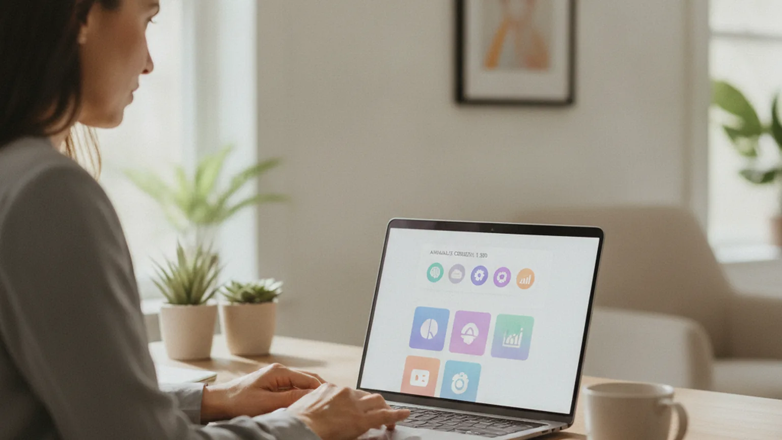 A small business owner reviewing cloud and AI app-building tools on a laptop in a bright home office