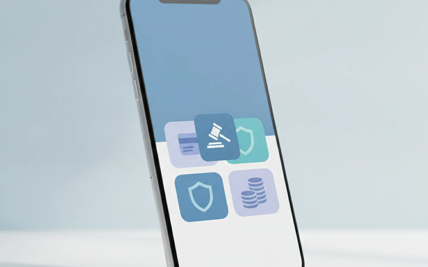 A smartphone showing an app store payment selection screen with a small gavel icon overlaid at the center