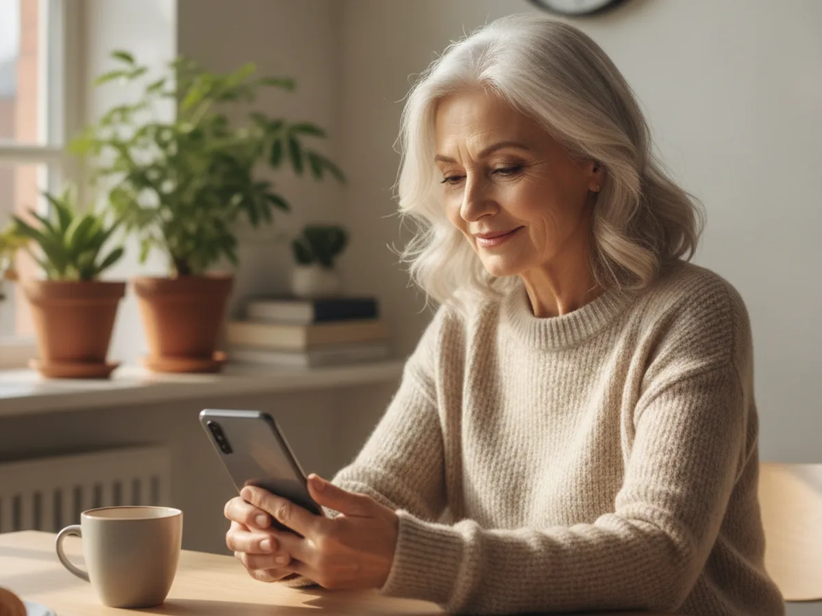 An older adult sitting at a kitchen table calmly checking their phone
