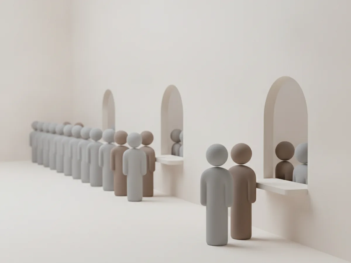 Two queues of waiting figures at service windows, one queue far longer than the other