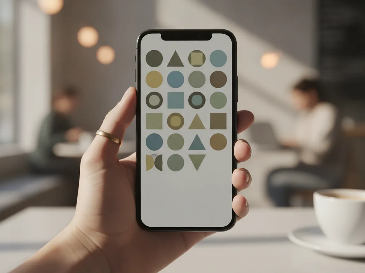 A hand holding a smartphone displaying an app icon grid, blurred coffee shop background