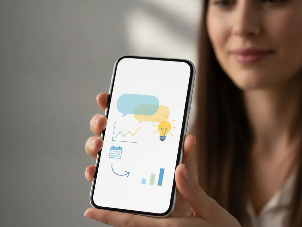 A small business owner looking at a mobile app showing simple notification bubbles and a smart-suggestion lightbulb icon