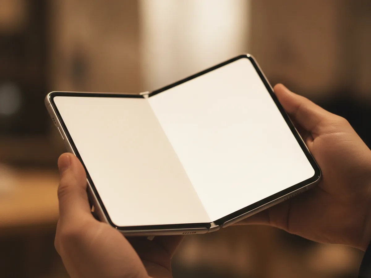 Hands holding a book-style foldable smartphone fully open in landscape with a blank display