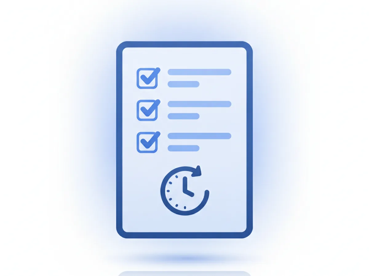 A simple flat icon illustration of an app review checklist with a clock symbol indicating review delay