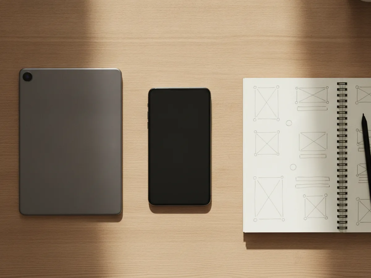 A tablet, a phone and a notebook of sketched app wireframes laid flat on a desk