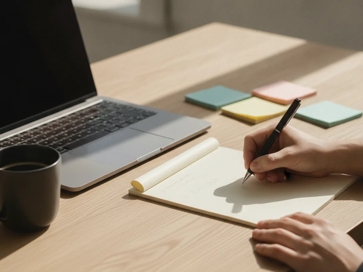 A founder taking notes at a desk next to a laptop and coffee while weighing a hiring decision